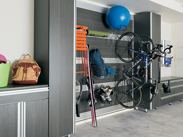 Dark Grey Garage Storage with Hanging Racks Drawers and Cabinets